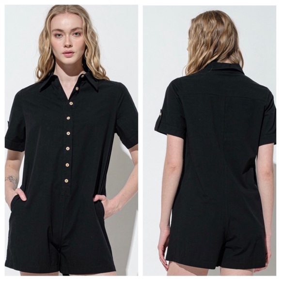 14 Solid Basic Collared Short Sleeve Romper - Picture 2 of 6